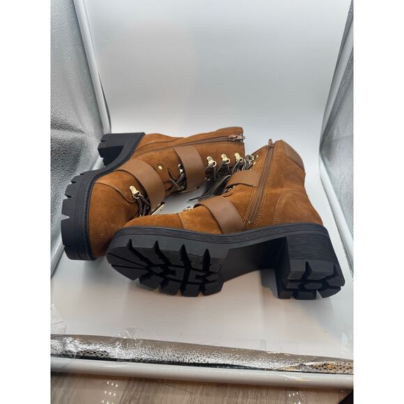 AQUA Genie Buckle Hiker Leather Biker Boots Cognac size 8m Eyes Lace-up Gold new - Picture 11 of 15